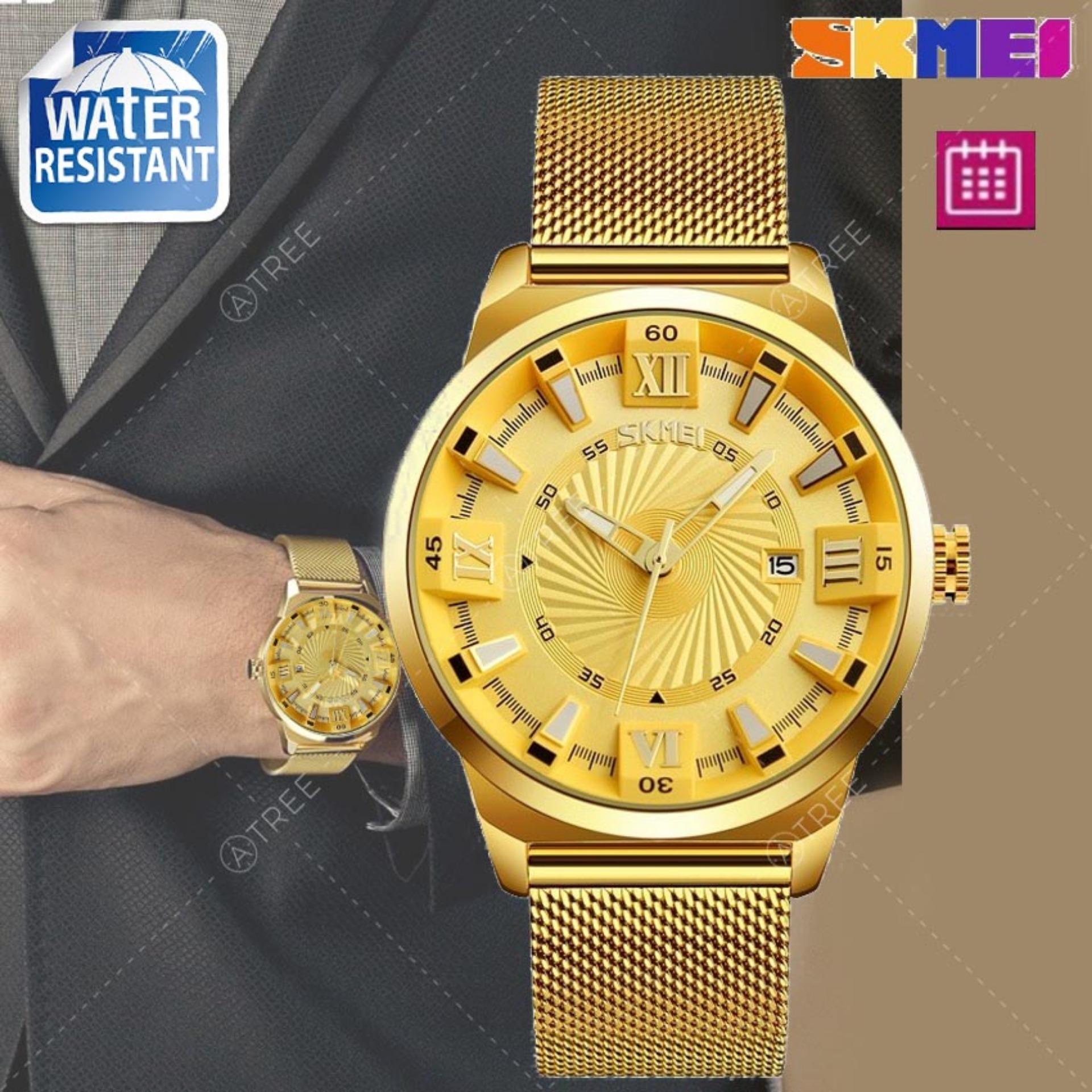 SKMEI ของแท้ 100% ส่งในไทยไวแน่นอน นาฬิกาข้อมือ สไตล์ Casual Bussiness Watch ใช้งาน ระบบ Analog บอกวันที่ กันน้ำ สายแสตนเลสคุณภาพดี ปรับสายได้ รุ่น SK-M9166 สีทอง (Gold)
