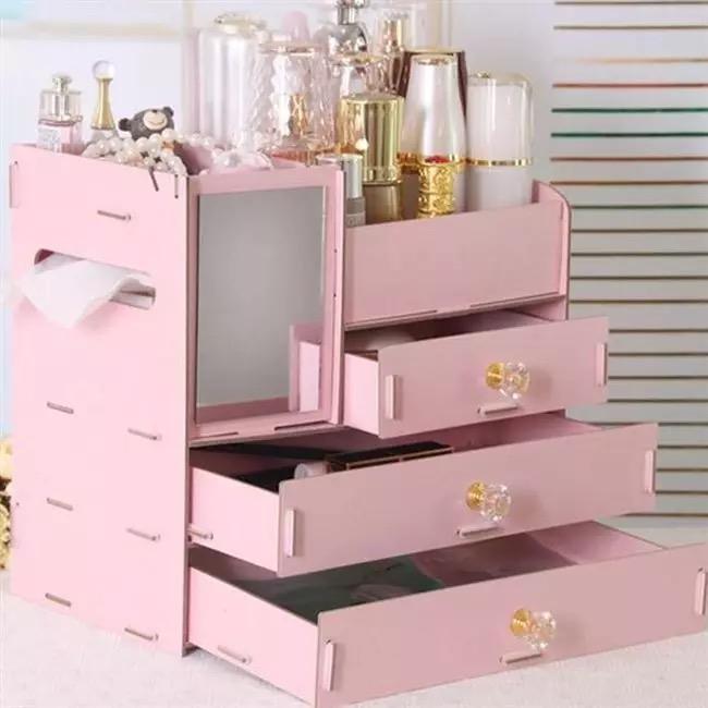 กล่องเก็บเครื่องสำอาง ขนาดใหญ่ กล่องเก็บของบนโต๊ะลิ้นชักไม้ Dresser กล่องเครื่องสำอางชั้นวางลิปสติก รุ่น 4 ชั้น