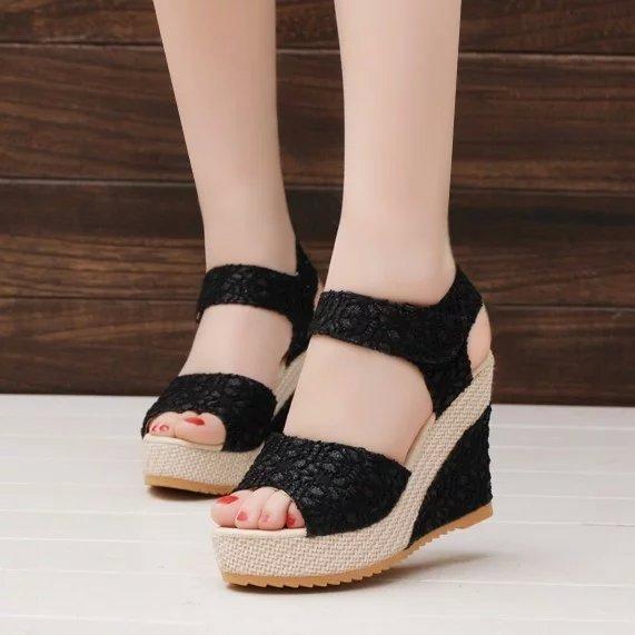 ใหม่คลังสินค้าพร้อมเรือ 1 วันลูกไม้ WEDGES รองเท้าสุภาพสตรีลิ่มรองเท้าแตะ (Beige)