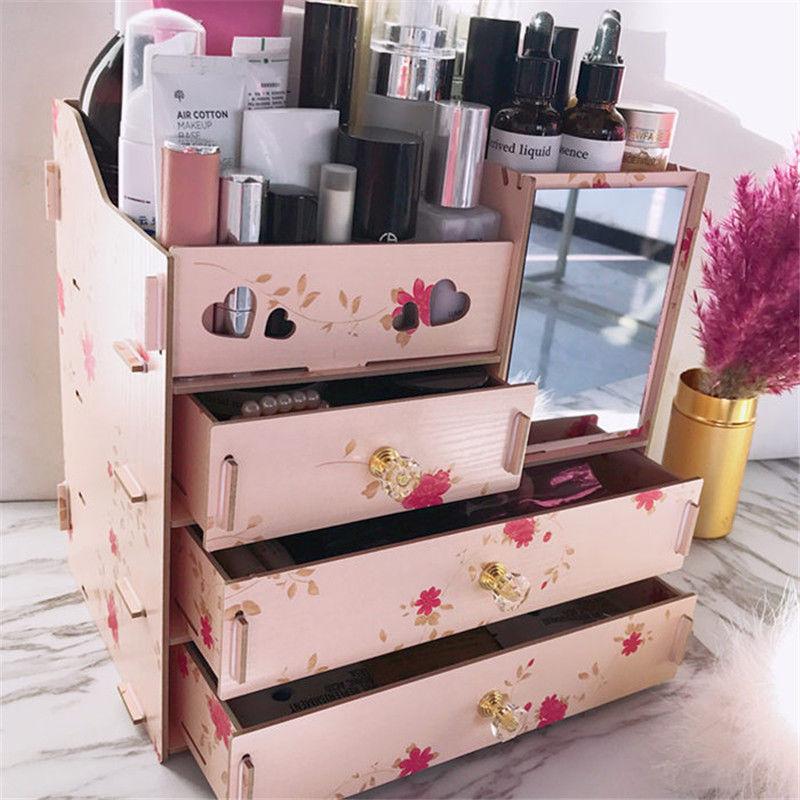 กล่องเก็บเครื่องสำอาง ขนาดใหญ่ กล่องเก็บของบนโต๊ะลิ้นชักไม้ Dresser กล่องเครื่องสำอางชั้นวางลิปสติก รุ่น 4 ชั้น