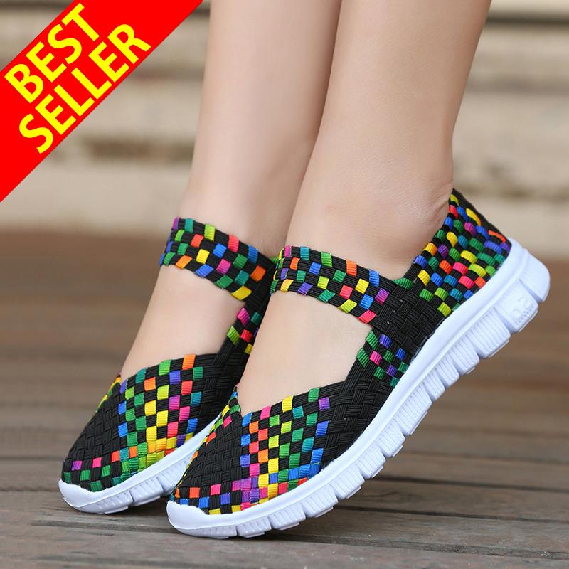 QINGSHUI ฤดูร้อนผู้หญิง Breathable ผสม - สีรองเท้าลำลอง Antislip HAND - made สานน้ำหนักเบารองเท้าของขวัญให้แม่รองเท้า