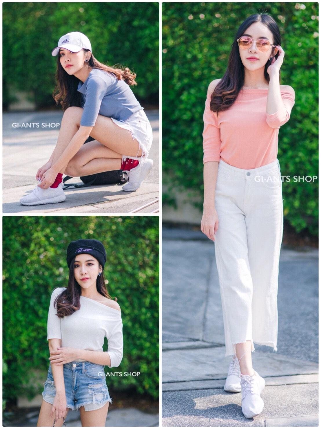 T0033 New Collection เสื้อคอปาดไหล่แขนศอก Cotton100 " TOP BASIC STYLE " สวยปังสไตล์เกาหลี ***ส่งฟรีKerryเฉพาะเดือนนี้