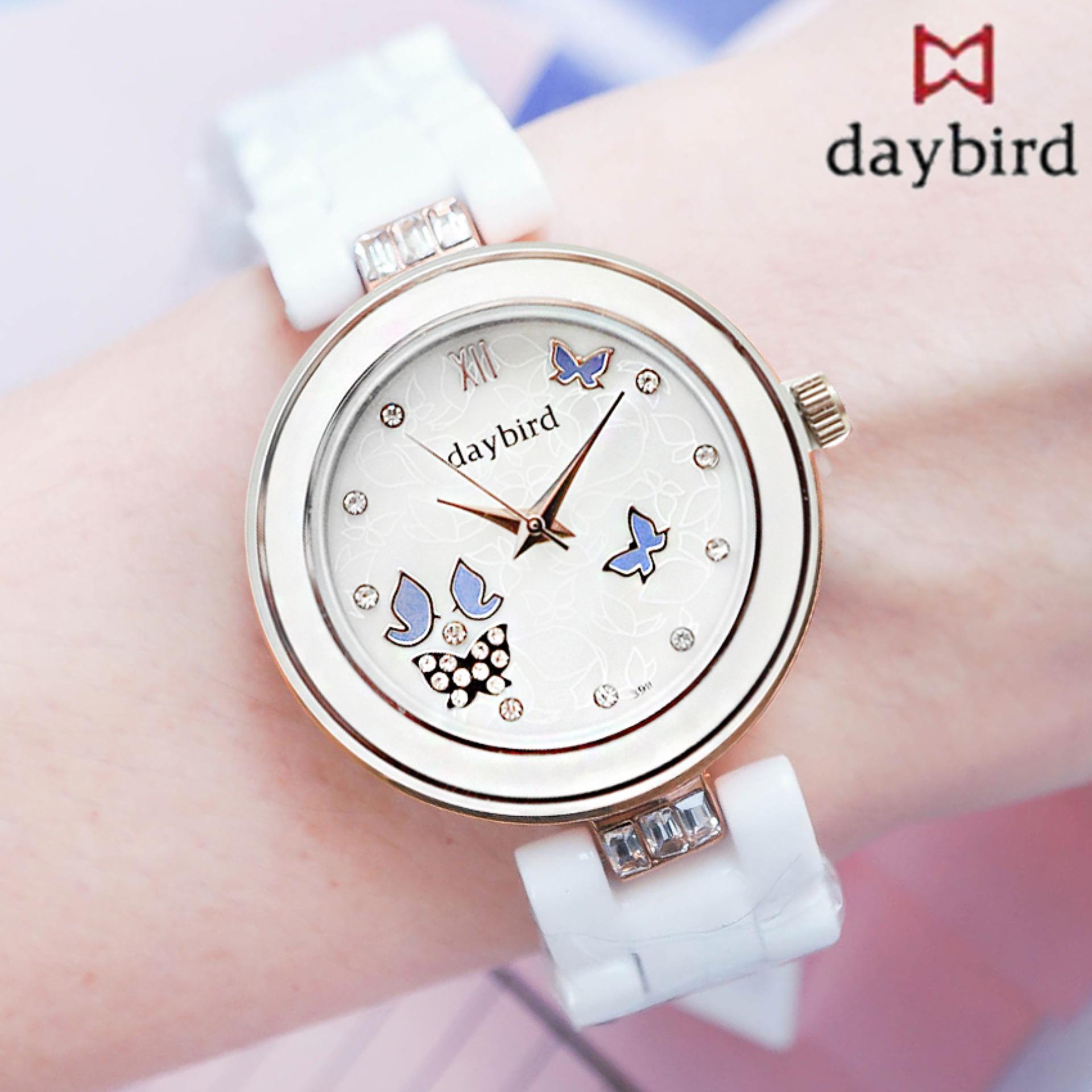DAY BIRD นาฬิกาข้อมือผู้หญิง หน้าปัดรูปผีเสื้อ ฝังเพชรด้านในหน้าปัด หรูหรา สายเซรามิค รุ่น DB-3911 สีโรสโกลด์ (Rose gold)