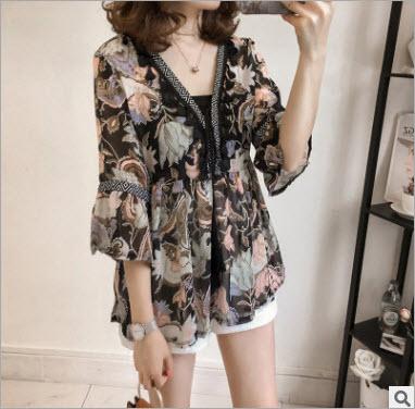 เสื้อ ผ้าชีฟอง ลายดอกไม้ มี 3 สี ชมพู เขียว ขาว ไซต์ M-4XL # 2369