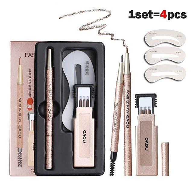Novo Eyebrow ดินสอเขียนคิ้ว โนโว แบบหมุน มีแปรงปัดคิ้วในตัว พร้อมไส้ดินสอเปลี่ยน 3 แท่ง + บล๊อกคิ้ว 3 ชิ้น