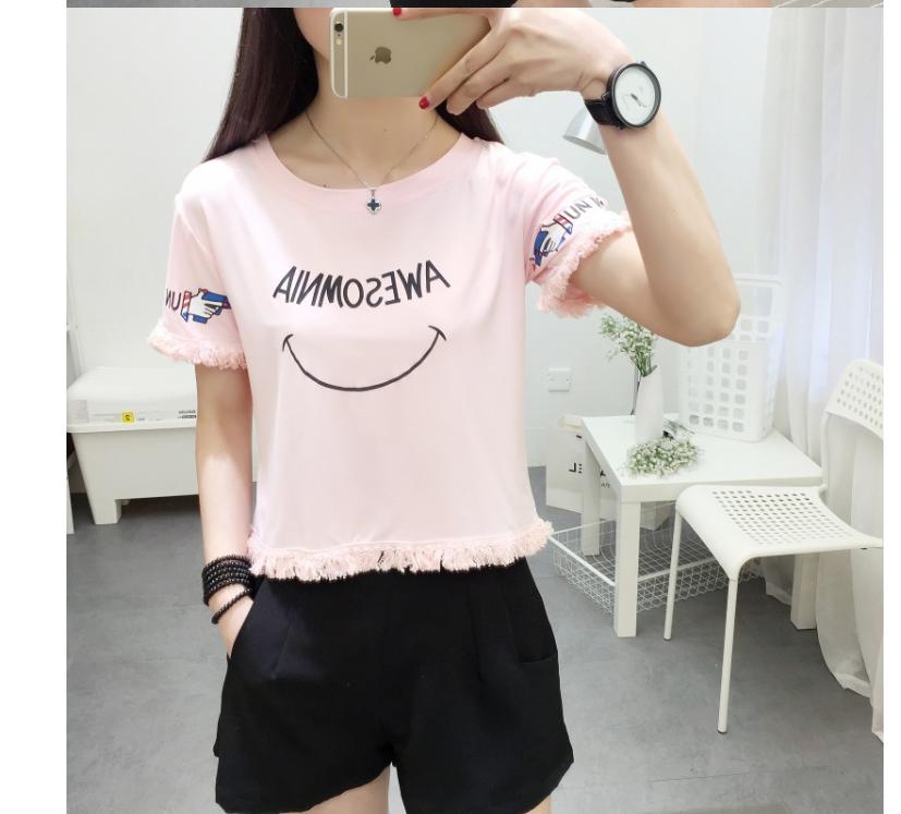 KK เสื้อยืดคอกลมแขนสั้น เสื้อแฟชั่น ตกแต่งพู่ (สีชมพู) รุ่น 844 KK เสื้อยืดคอกลมแขนสั้น เสื้อแฟชั่น ตกแต่งพู่ (สีชมพู) รุ่น 844