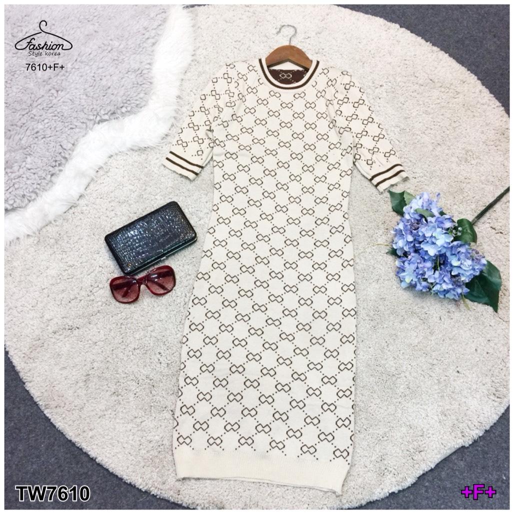 TW7610 เดรสไหมพรมแขนสั้น ทอลายรูปโบว์ **สอบถามสินค้าก่อนสั่งซื้อ