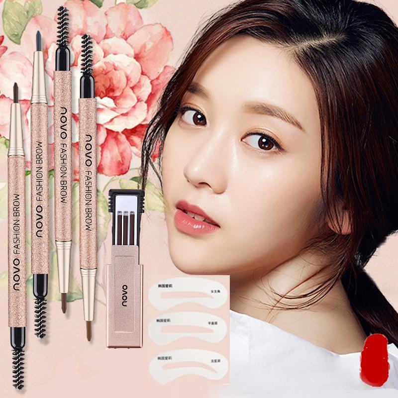 Novo Eyebrow ดินสอเขียนคิ้ว โนโว แบบหมุน มีแปรงปัดคิ้วในตัว พร้อมไส้ดินสอเปลี่ยน 3 แท่ง + บล๊อกคิ้ว 3 ชิ้น