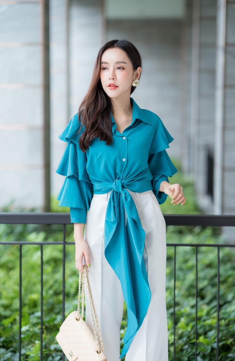 virin&fashiononartเสื้อเชิ้ตกระดุมหน้าแขนแต่งระบาย