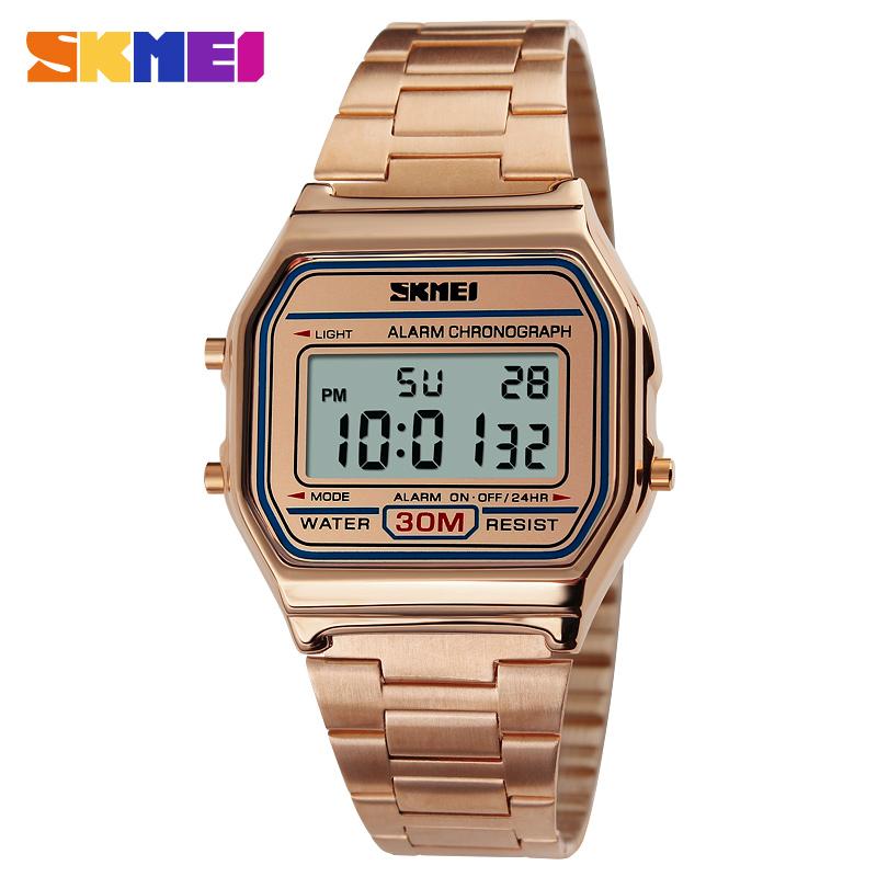 SKMEI 1123 Digital Watch ของแท้ 100% ส่งในไทยไวแน่นอน นาฬิกาข้อมือผู้หญิง สไตล์ Casual Bussiness Watch จับเวลา ตั้งปลุกได้ ไฟ LED ส่องสว่าง สายแสตนเลสสีพิ้งโกลด์ รุ่น SK-M1123