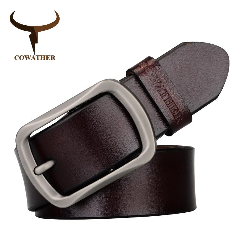 COWATHER 100-150 เซนติเมตร Mens แฟชั่นวัววินเทจหนังแท้สไตล์เข็มขัดบุรุษหัวเข็มขัดหมุดผู้ชาย