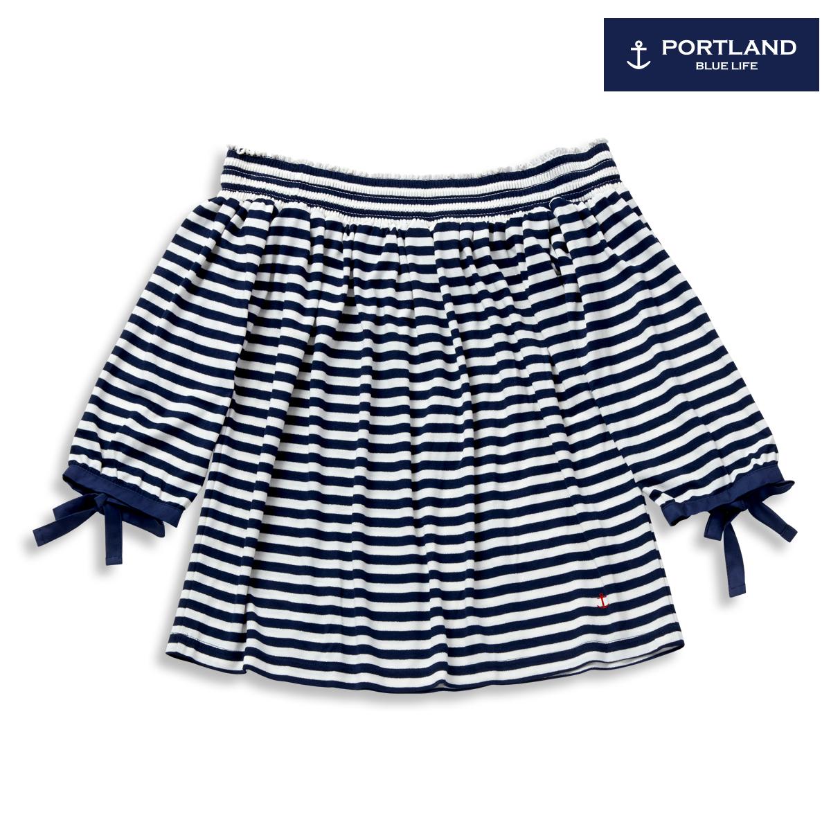 Portland Blue Life เสื้อเบลาส์ เปิดไหล่ ลายริ้ว แต่งโบว์ สีกรม