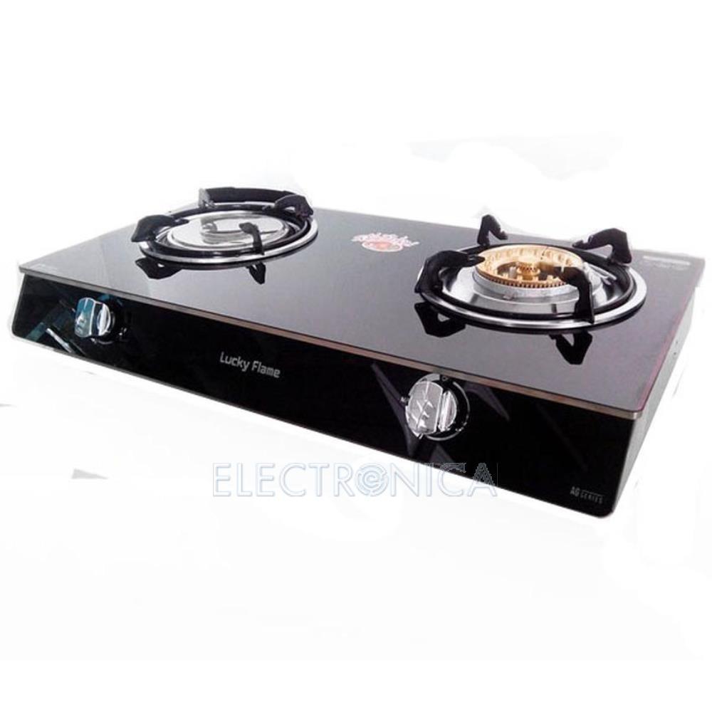 LUCKY FLAME เตากล่องคู่หน้ากระจก หัวเตาเหล็กหล่อ สีดำ รุ่น AG-2102S (B)