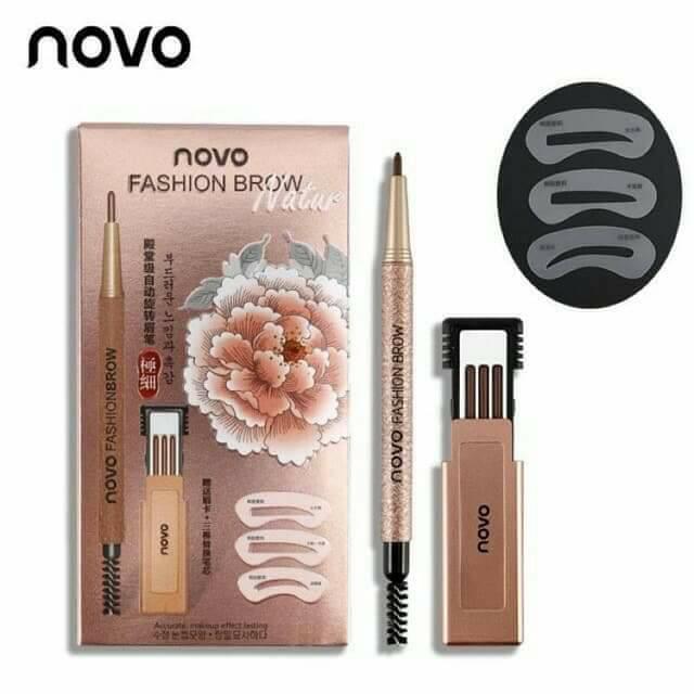 Novo Eyebrow ของแท้ 100% โนโว ดินสอขียนคิ้ว ติดทน กันน้ำ กันเหงื่อ มาพร้อมแผ่นเขียนคิ้ว 3 แผ่น คิ้ว 3 แบบ, ดินสอเขียนคิ้ว1แท่ง ไส้ดินสอเขียนคิ้ว 3 แท่ง NOVO Fashion Brow
