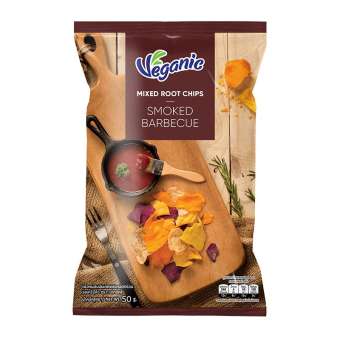 Veganic Mixed Root Chips Smoked BBQ เผือกผสมมันเทศแผ่นทอดกรอบ รสบาร์บีคิว ตรา เวกานิกส์