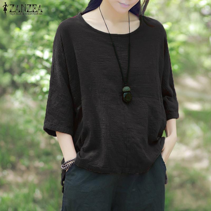 ZANZEA ลูกเรือคอสามไตรมาสแขน Blusas หญิงฤดูใบไม้ร่วงสีม่วงที่ว่างไม่สม่ำเสมอผ้าฝ้ายลายสไตล์เสื้อด้านบนสีม่วง - นานาชาติ