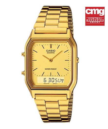 Casio Data Bank รุ่น AQ-230GA-9D นาฬิกาข้อมือใส่ได้ทั้งชายและหญิง สายสเเตนเลสสีทอง วินเทจดีไซน์ -มั่นใจ ของแท้ 100% ประกันศูนย์ 1 ปีเต็ม