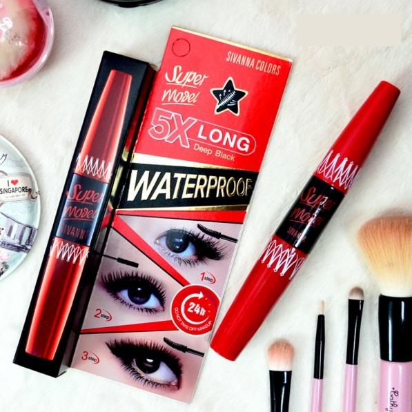 Sivanna Colors Super Model 5X Long Deep Black Waterproof รหัส HF893 (งานแท้100%) ซีเวียน่า มาสคาร่า กันน้ำ ช่วยต่อขนตา ให้หนาและงอนยาว สีดำ-Deep Black