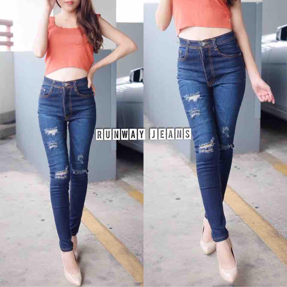 Runway jeans กางเกงขาเดฟ เอวสูง ผ้ายีนส์ยืด ขาดสะกิด สียีนส์เข้ม