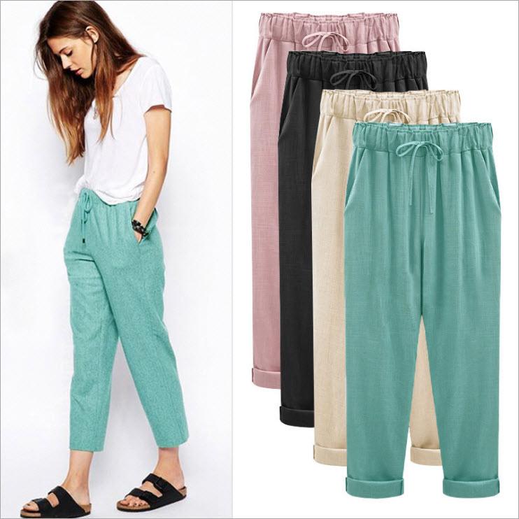 (M-6XL) กางเกงขายาว ผ้าลินิน ผ้ายืด มีไซต์ใหญ่ สีดำ สีกากี สีเขียว # 1007