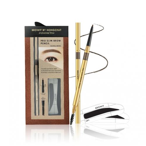 Pro Slim Brow Pencil ดินสอเขียนคิ้ว 6 มิติน้องฉัตร สี ash brown สำหรับผมดำ(ฟรีบล็อกคิ้วในกล่อง)