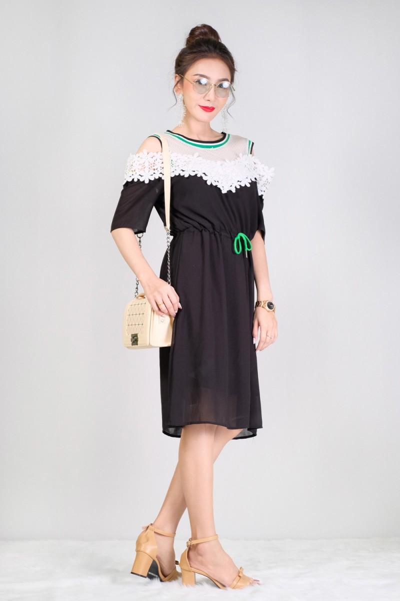 LM01-001-BLK สีดำ ชุดเดรสกระโปรงสไตล์เกาหลี