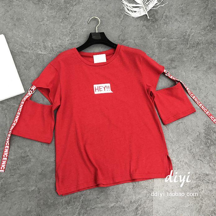 Tucky&Jiang เสื้อยืดแฟชั่น คอกลม แต่งต่อแขน ลาย HEY 3217