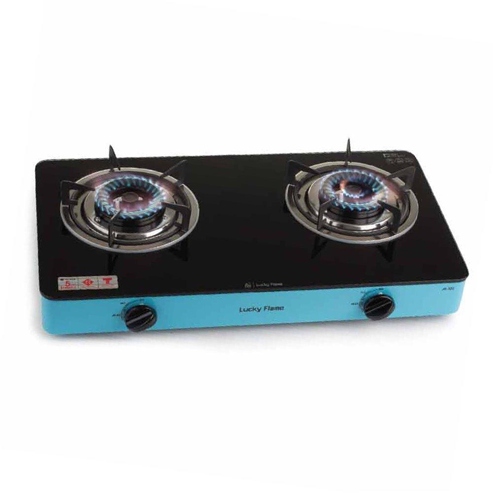 Lucky Flame เตาหน้ากระจกหัวเตาคู่ สีฟ้า รุ่น AI-102