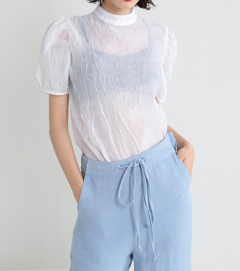 YYC เสื้อแขนสั้น ผ้าชีฟอง คอเต่า (สีขาว) รุ่น 2095