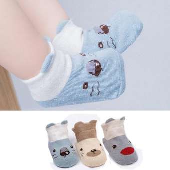 ถุงเท้าเด็ก แรกเกิด-4ขวบ เซ็ต 3 คู่ 3 ลาย ลายหน้าสัตว์ มีหู สีฟ้า ไซด์ S M #0520