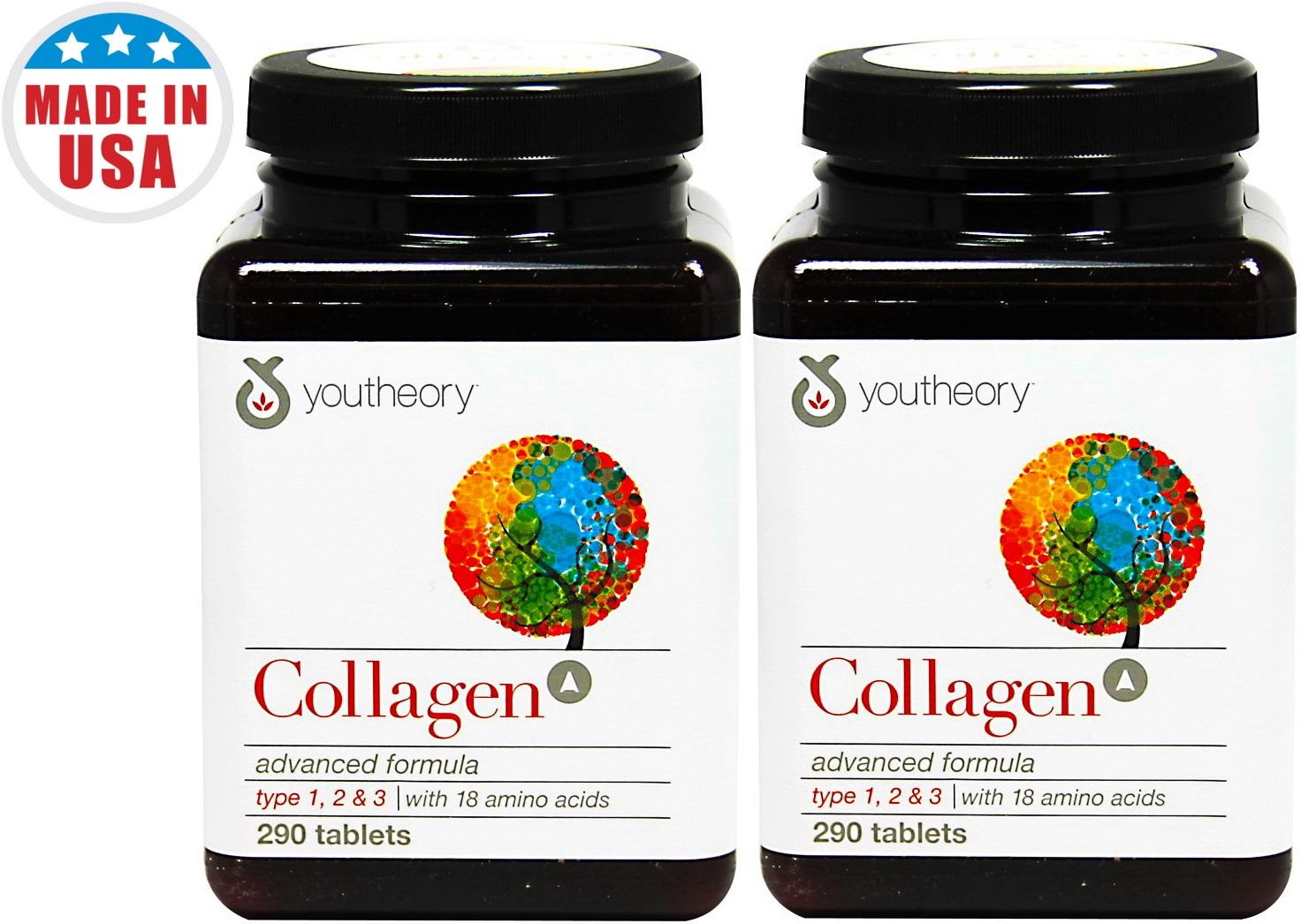 (2 ขวด) Youtheory Collagen 1,000 mg x 290 เม็ด คอลลาเจน สูตรแอดวานซ์ ชนิด 1 2 3 + กรดอะมิโน 18 ชนิด ยูเทอรี่ คอลลาเจน สูตรบำรุงผิวหนัง เส้นผม เล็บ Skin Hair Nail Advanced Formula