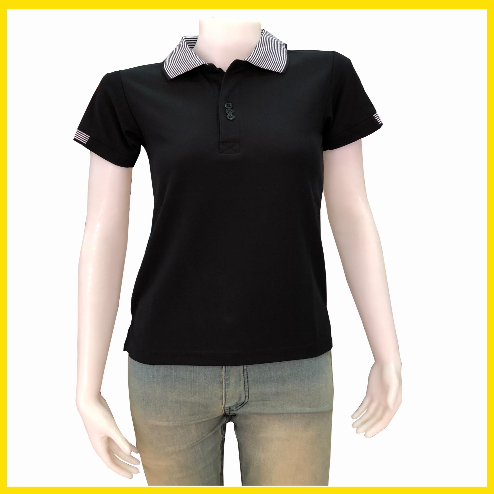 เสื้อโปโลหญิง สีดำ แบบคอลายขาวสลับดำ