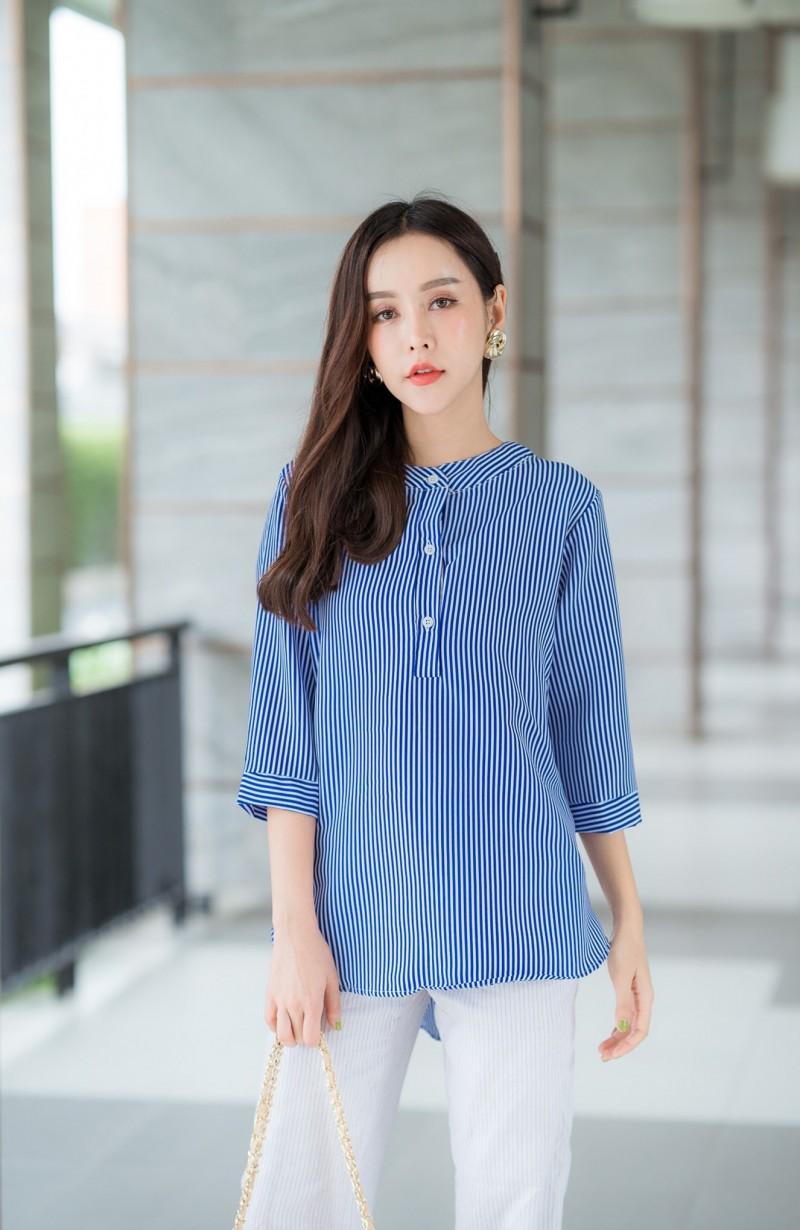 virin&fashiononartเสื้อคอจีนผ้าคอตตอนลายริ้ว