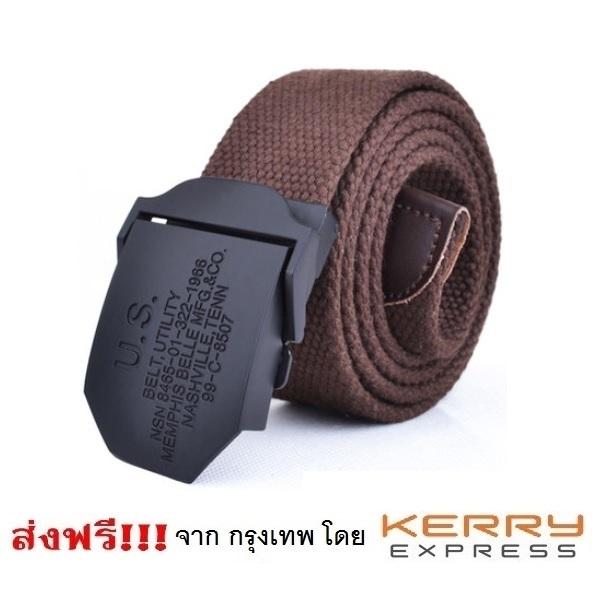 เข็มขัดผู้ชาย เข็มขัดผ้าสีน้ำตาล หัวเหล็กสีดำ Canvas Men Belt