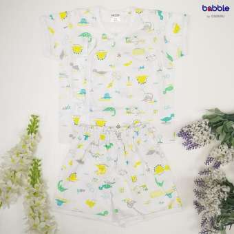 Babble ชุดป้ายผูกแขนสั้น+ขาสั้น ลายไดโนเสาร์ สีเขียว ผ้าฝ้าย Cotton100% by Cadeau Paris