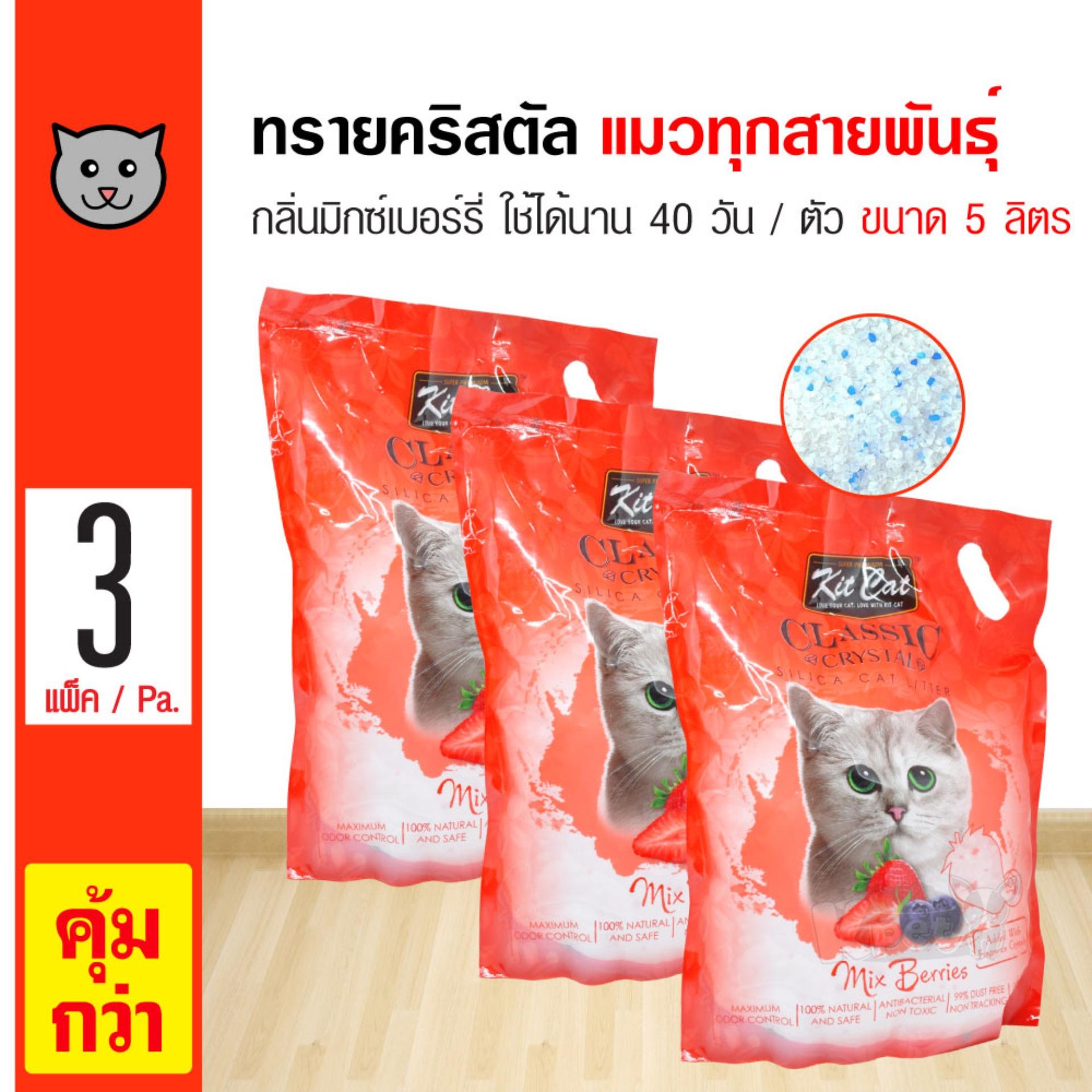 Kit Cat ทรายแมวคริสตัล กลิ่นมิกซ์เบอร์รี่ ทรายแมวไร้ฝุ่น ใช้ได้นาน 40 วัน สำหรับแมวทุกสายพันธุ์ (5 ลิตร/ถุง) x 3 ถุง