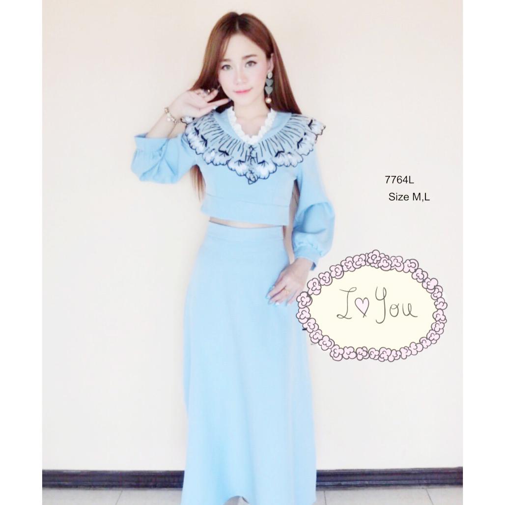 TW7764 ชุดเชตเสื้อทรงครอปสั้น+กระโปรง คอลเลคชั่นลายเชอร์รี่สุดฮิต