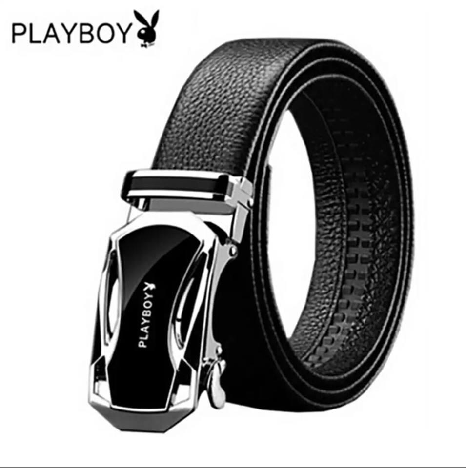 PLAYBOY เข็มขัดหนังแท้สุดหรูจากเพลย์บอยความยาว125 cm ปรับขนาดได้ตามความต้องการ (สีดำ-เงิน)