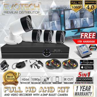 ชุดกล้องวงจรปิด AHD, DVR All-in-1 พร้อมกล้องวงจรปิด ความละเอียดสูง 4 ล้านพิกเซล(เลนส์3.6 mm) Full HD 1080P ฟรีสายวิดีโอ 20 เมตร 4 ม้วน รองรับ P2P, IR-Cut, ภาพคมชัดทั้งกลางวันและกลางคืน,ป้องกันละอองน้ำ,ออนไลน์ผ่านมือถือ,ฟรีฮาร์ดดิส WD 1 TB