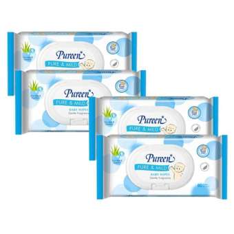 ทิชชู่เปียก Baby Wipes เพียวรีน Pureen แพ็ค 4 ห่อ สีฟ้า สูตร Pure & Mind