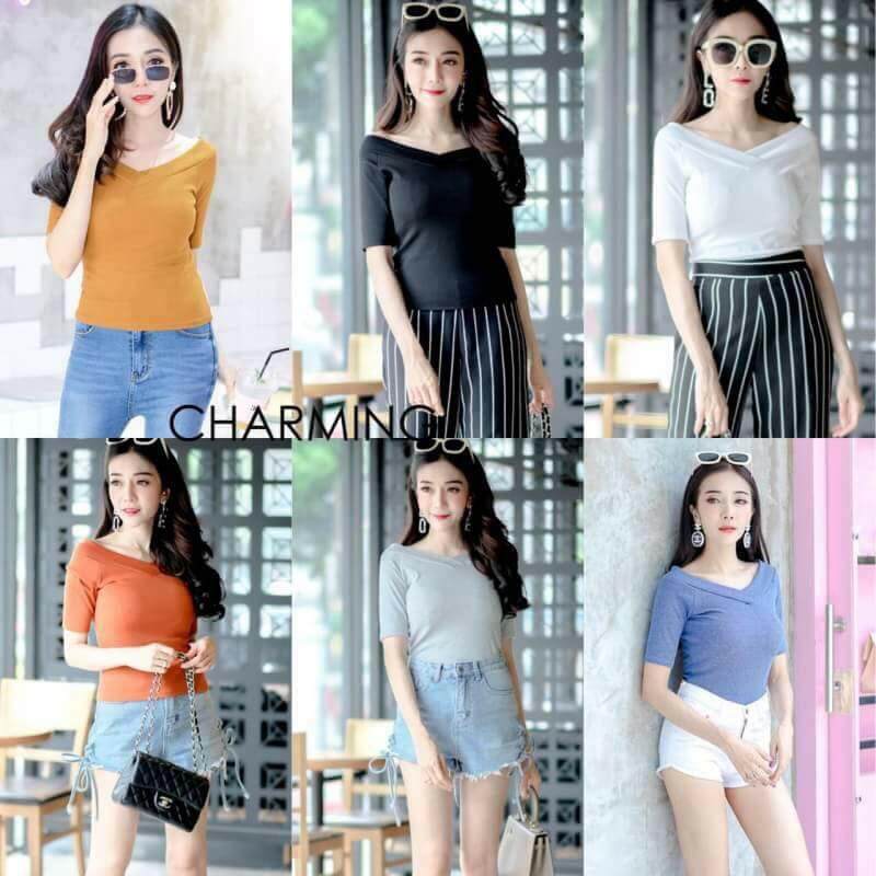 !!!!HOT NEW!!!!เสื้อคอวีเปิดไหล่แขนสามส่วน สีพาทเทล สินค้าใหม่