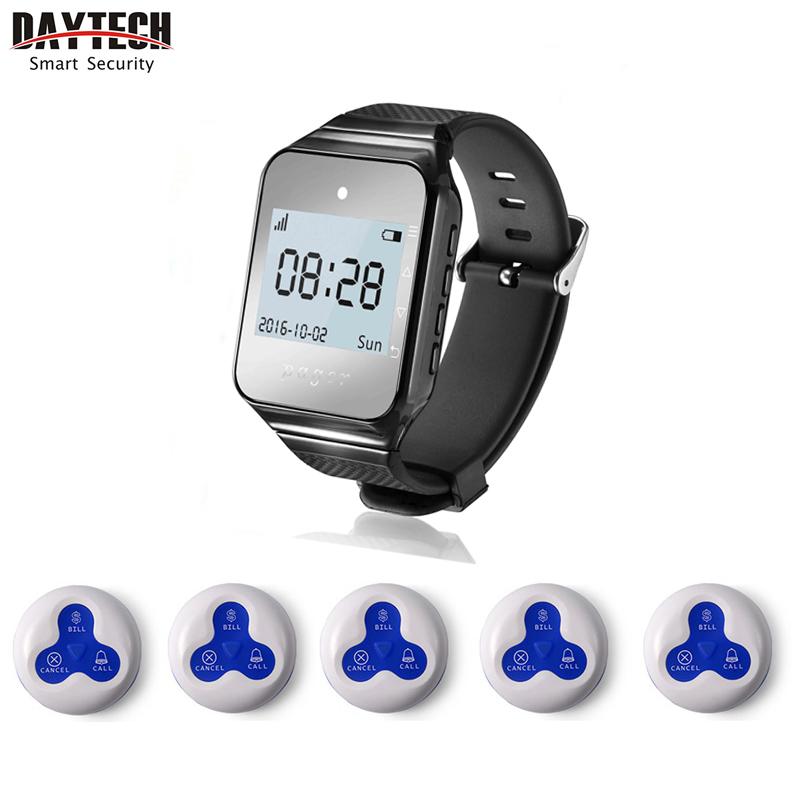 Wireless Calling System Table Service Call Buzzers Beepers Caregiver Paging Alert for Restaurant Hotel Nursing Home 1 PC Wireless Watch Receiver + 5 PCS Waterproof Call Buttons