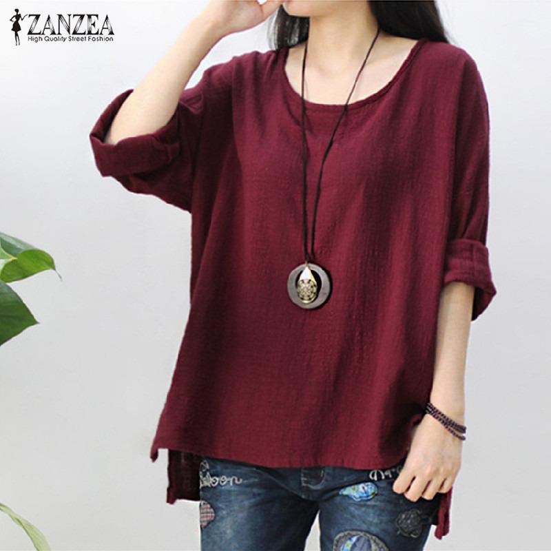 ZANZEA ผู้หญิงย้อนยุคโอคอแขนยาวแยกกระโปรงผ้าฝ้ายลินินลำลองพรรค Kaftan เสื้อพลัสขนาด (สีดำ)