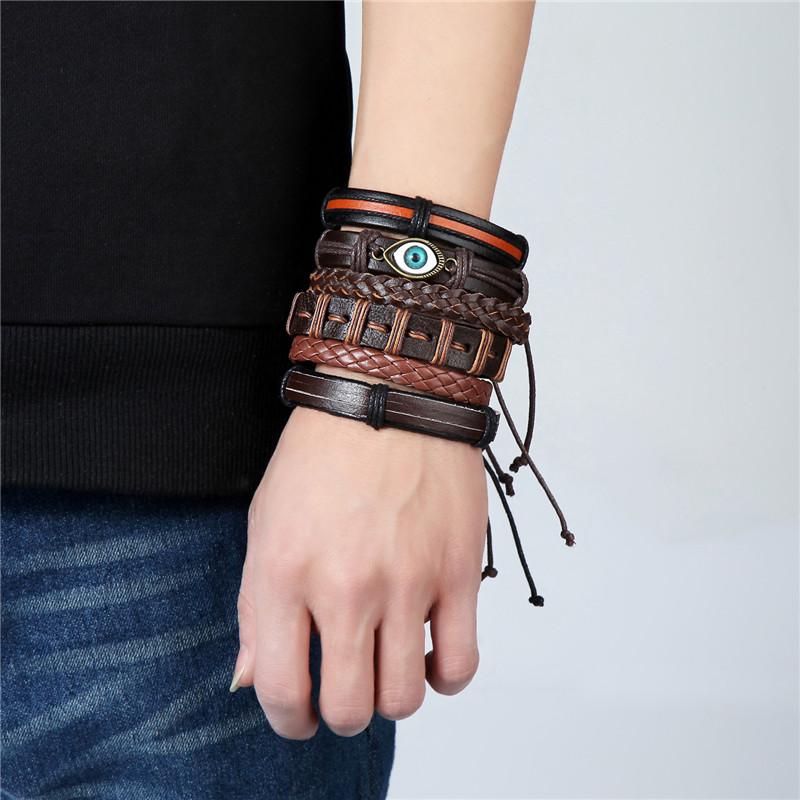 กำไลข้อมือหนัง สำหรับ ผู้ชาย 5PCS/Set Vintage Punk Wrap Leaf Leather Bracelets For Men 2018 Braid Rope bracelets & bangle Cuff Jewelry pulseira mascu 1 ชุด มี 5 ชิ้น
