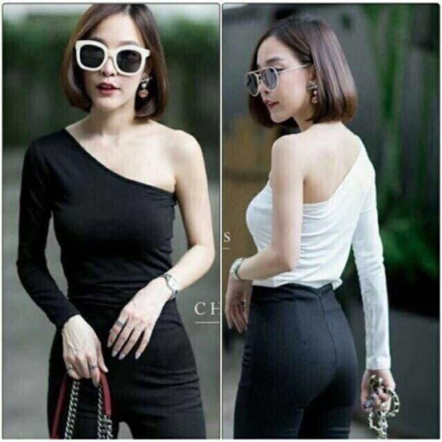 เสื้อปาดไหล่ แขนยาว ผ้าเรย่อน งานสวยเซ็กซี่