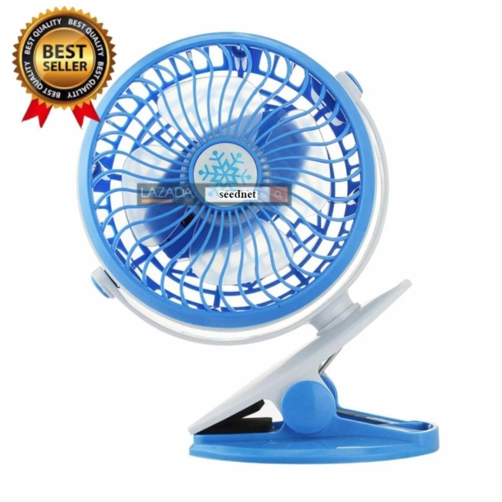 seednet USB Clip Fan พัดลมหนีบ ขอบประตู/รถเข็นเด็ก ชาร์จได้/ใส่ถ่านได้ ปรับหมุนได้ 360 องศา (สีฟ้า)