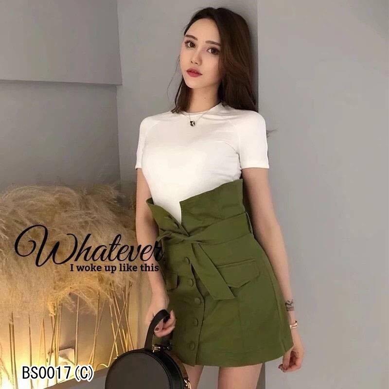 BS0017et เสื้อยืดแขนสั้น + กระโปรงสั้น กระดุมหน้าเอวสูง BS0017et เสื้อยืดแขนสั้น + กระโปรงสั้น กระดุมหน้าเอวสูง