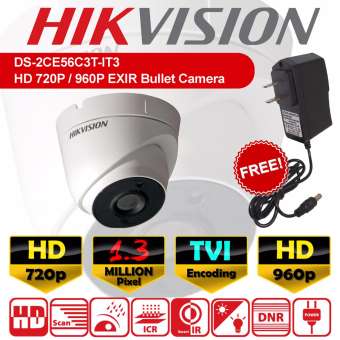 Hikvision กล้องวงจรปิดทรงโดม 1.3 MP ล้านพิกเซล รุ่น (DS-2CE56C3T-IT3) กล้อง HD 720p / 960p เลนส์ 3.6mm + ฟรีอะแดปเตอร์