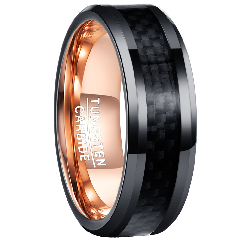 BONLAVIE Men S 8mm Black Finish Tungsten Ring Rose Gold Plated Inner