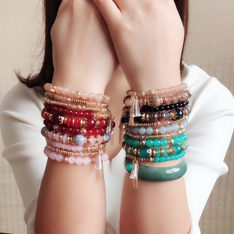 Pcs Bohemian Celet Women Crystal Multilayer Beaded Elastic Celet